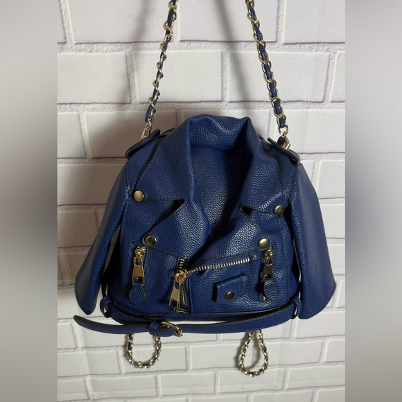 Blue Faux Leather Moto Jacket Style Backpack Purse Gold Chain Convertible Bag main image 12